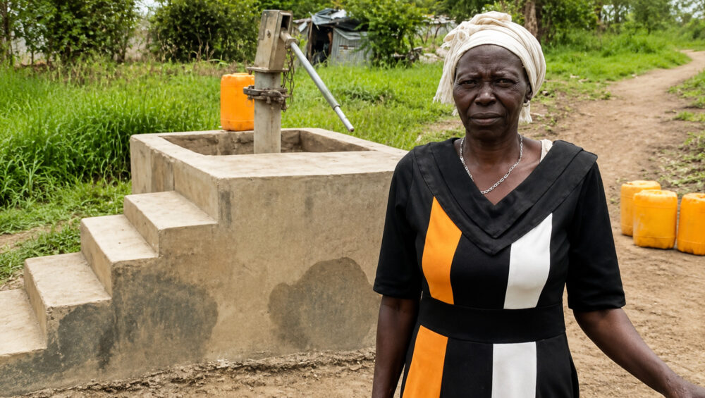 Chacha posing near the borehole that ForAfrika repaired. Chacha and the community are now enjoying safe water