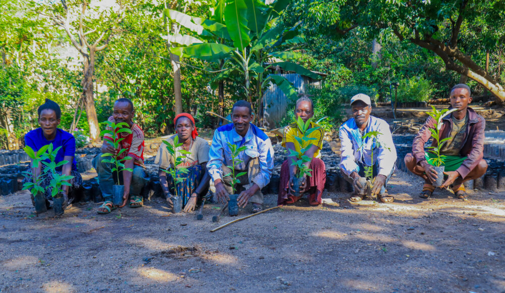 Gizachewu Gilana, centre, with his team at the Gocha Kebele tree nursery